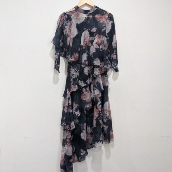 HEMANT AND NANDITA SAMMY SHEER FLORAL TIERED RUFFLE DRESS SIZE SMALL - Picture 5 of 16